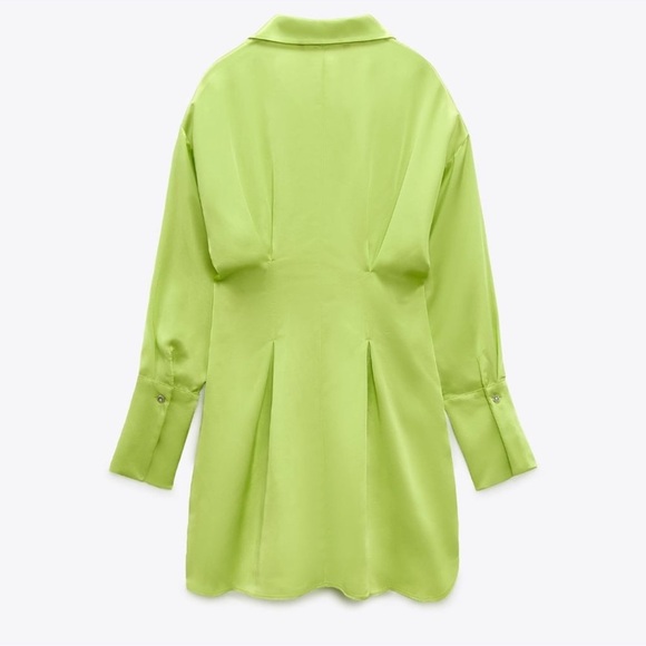 🍋🟩 NWT ZARA SATIN LIME CORSET EFFECT PLEATED SHIRT DRESS - Picture 5 of 10